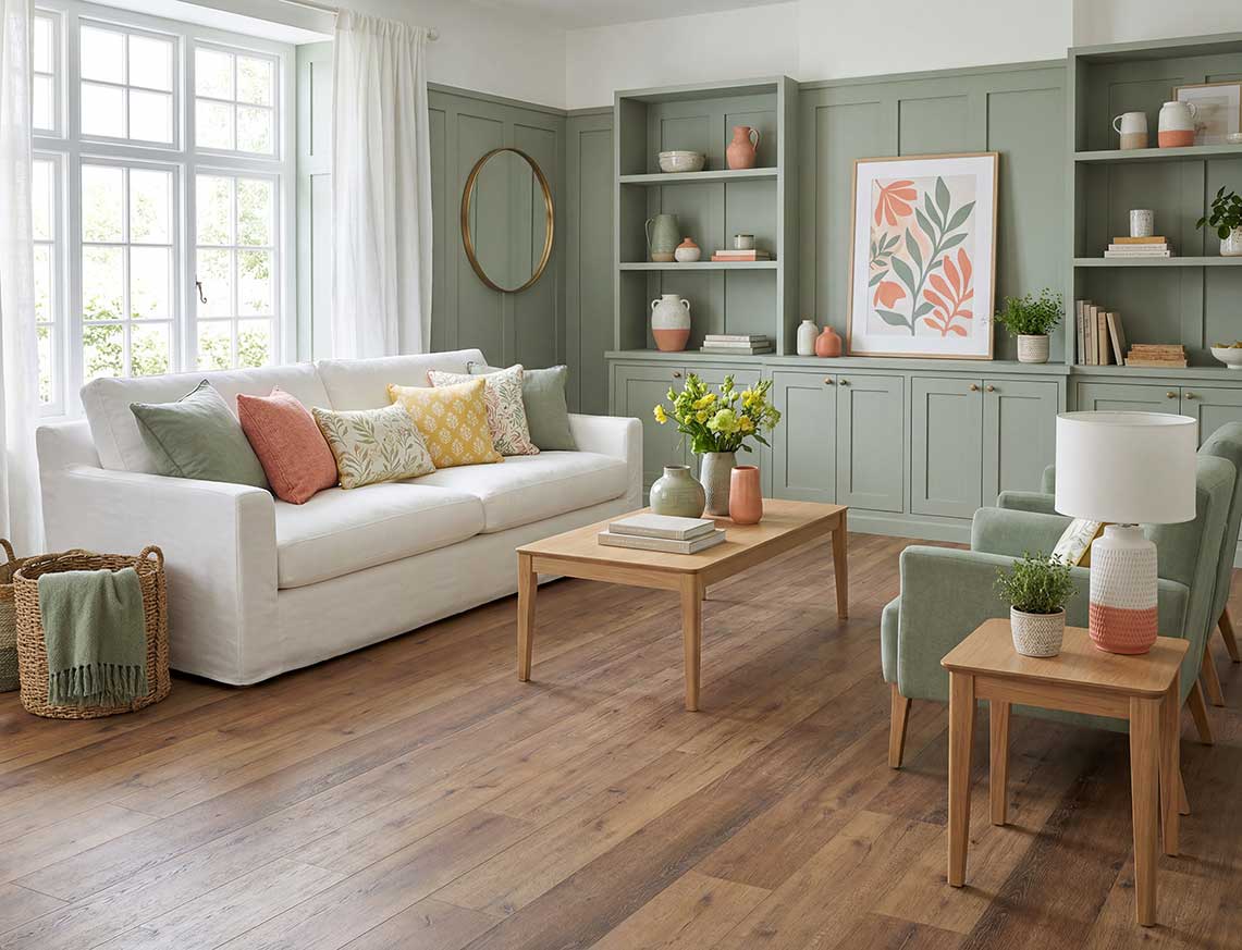 Cinnamon Dust - Smokey Brown Oak Straight Plank LVT roomset