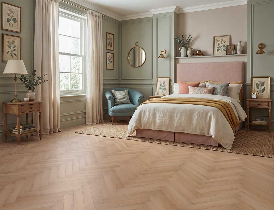 Sun Trap - Soft Natural Oak Herringbone LVT roomset