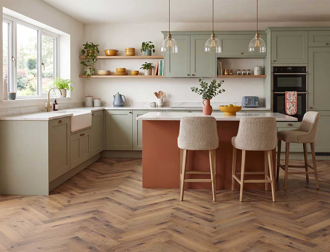 Maple Morning - Smokey Brown Oak Herringbone LVT roomset