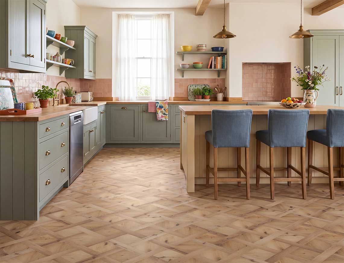 Nutmeg Haze - Warm Rustic Oak Basket Weave LVT roomset