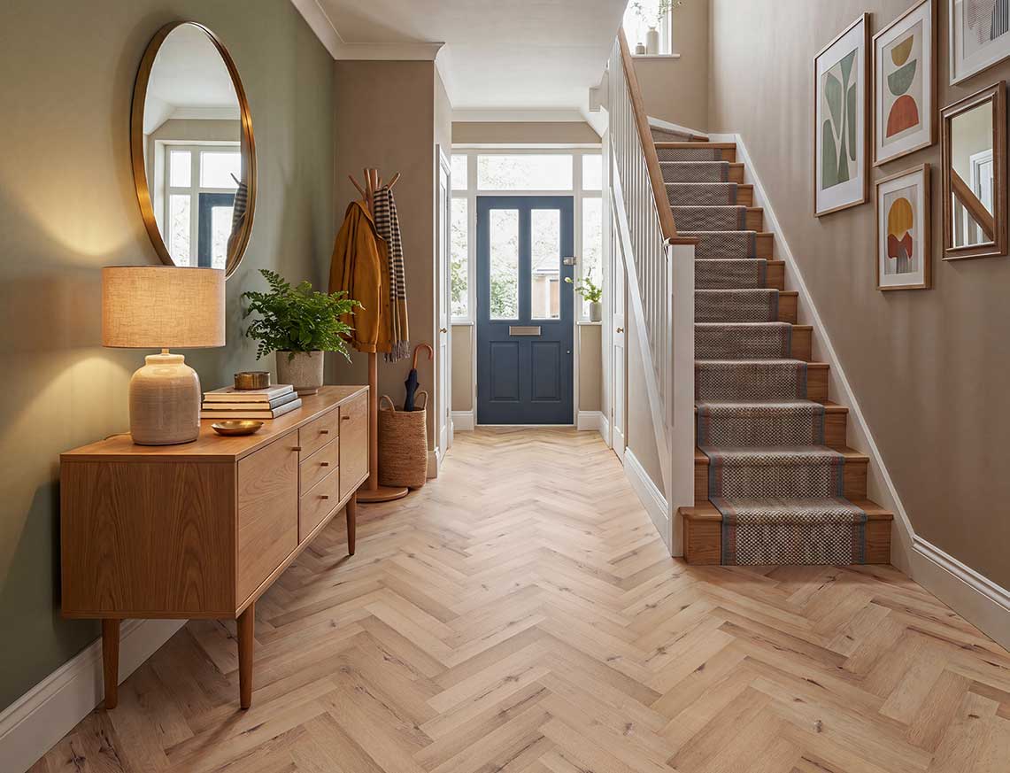 Cosy Corner - Warm Rustic Oak Herringbone LVT roomset