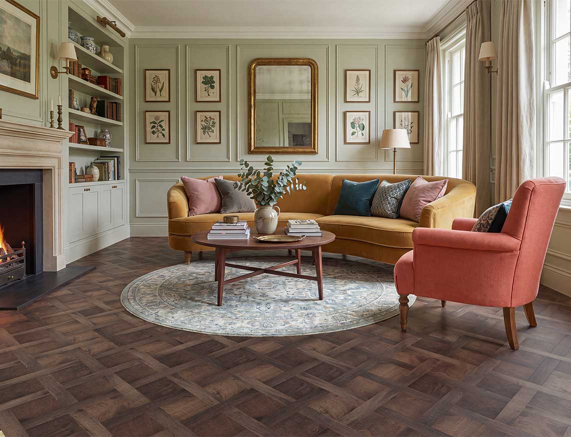 Slow Roasted - Rich Brown Oak Basket Weave LVT roomset