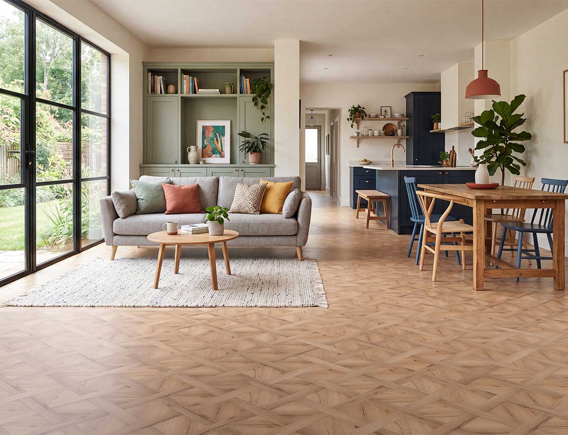 Golden Hour - Light Brown Oak Basket Weave LVT roomset