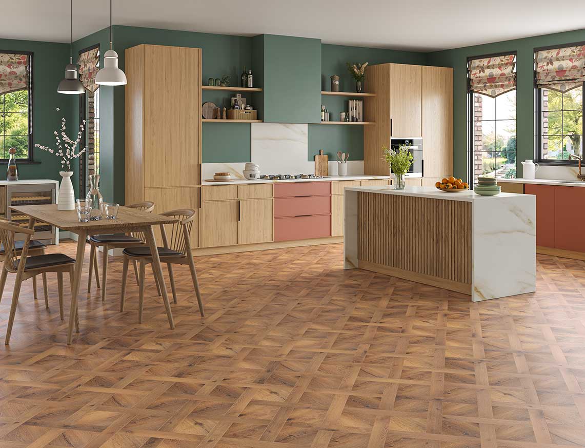 Ginger Shot - Smokey Brown Oak Basket Weave LVT roomset