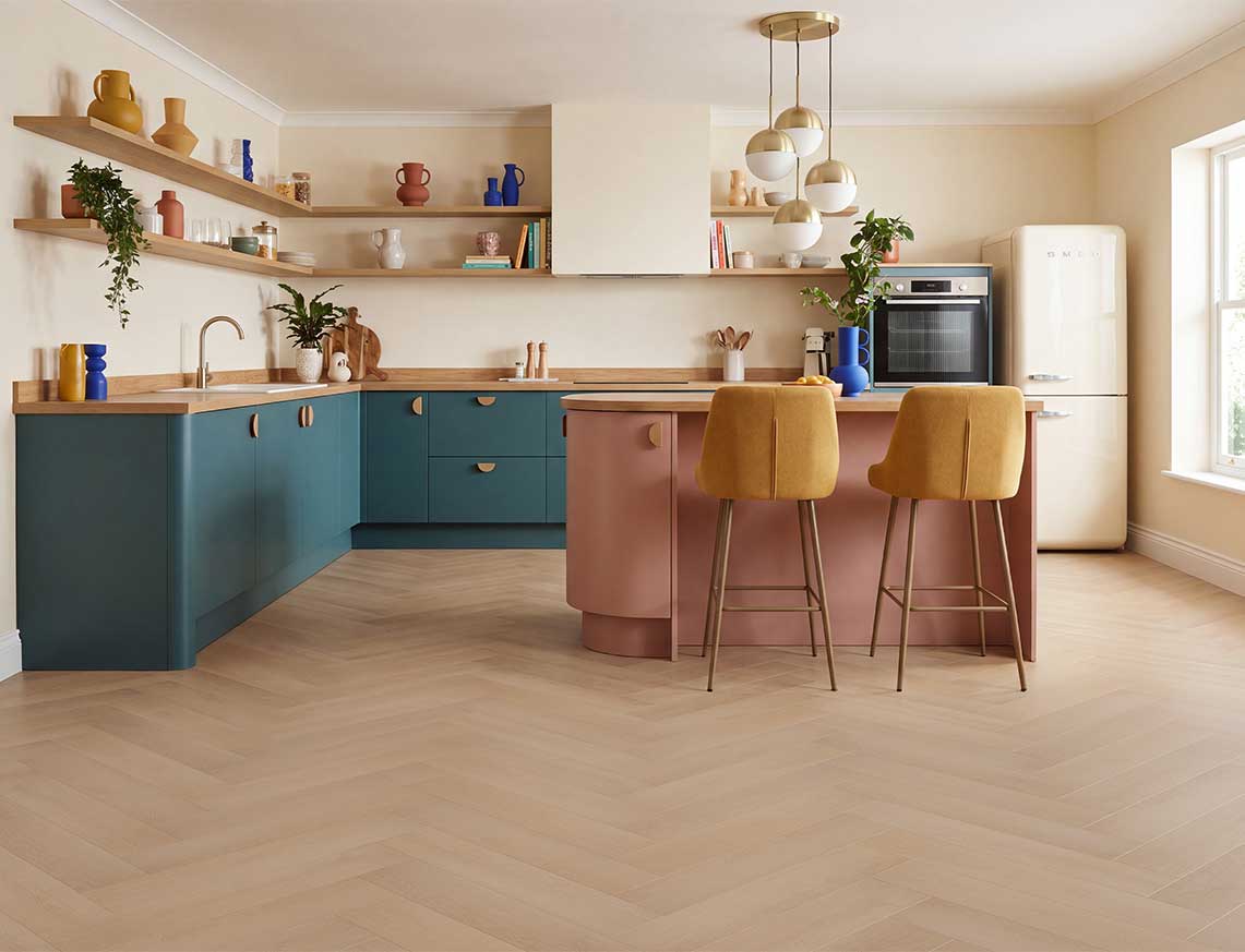 Afterglow - Natural Sand Oak Herringbone LVT roomset