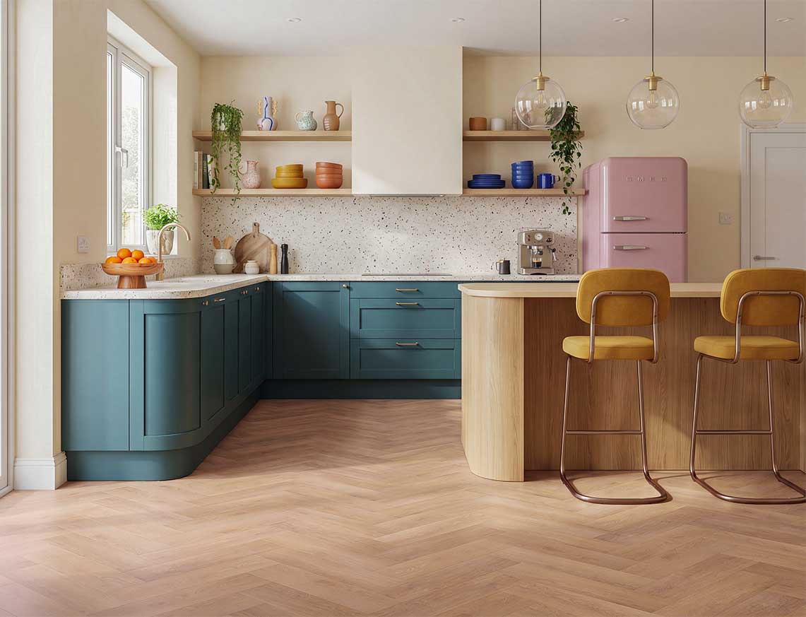 Firelight - Gold Brown Oak Herringbone LVT roomset
