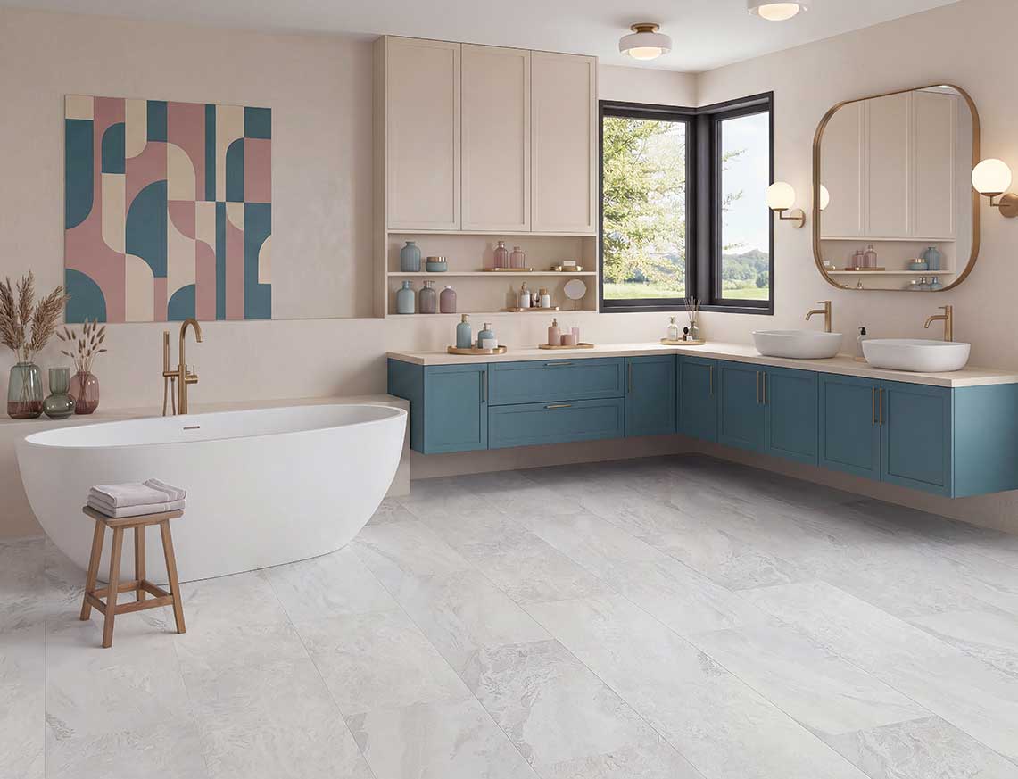 Snowfall - Marbled White Stone Tile LVT roomset