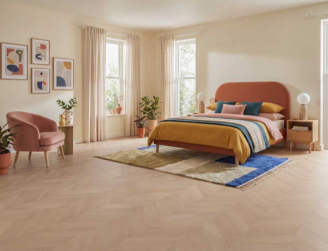 Summer Solstice - Light Brown Oak Chevron LVT roomset