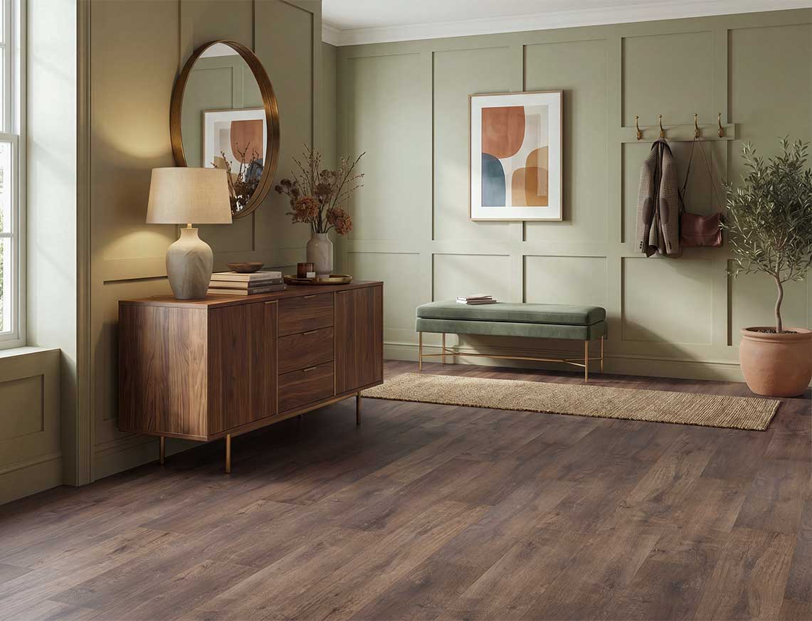 Slow Jam - Rich Brown Oak Straight Plank LVT roomset